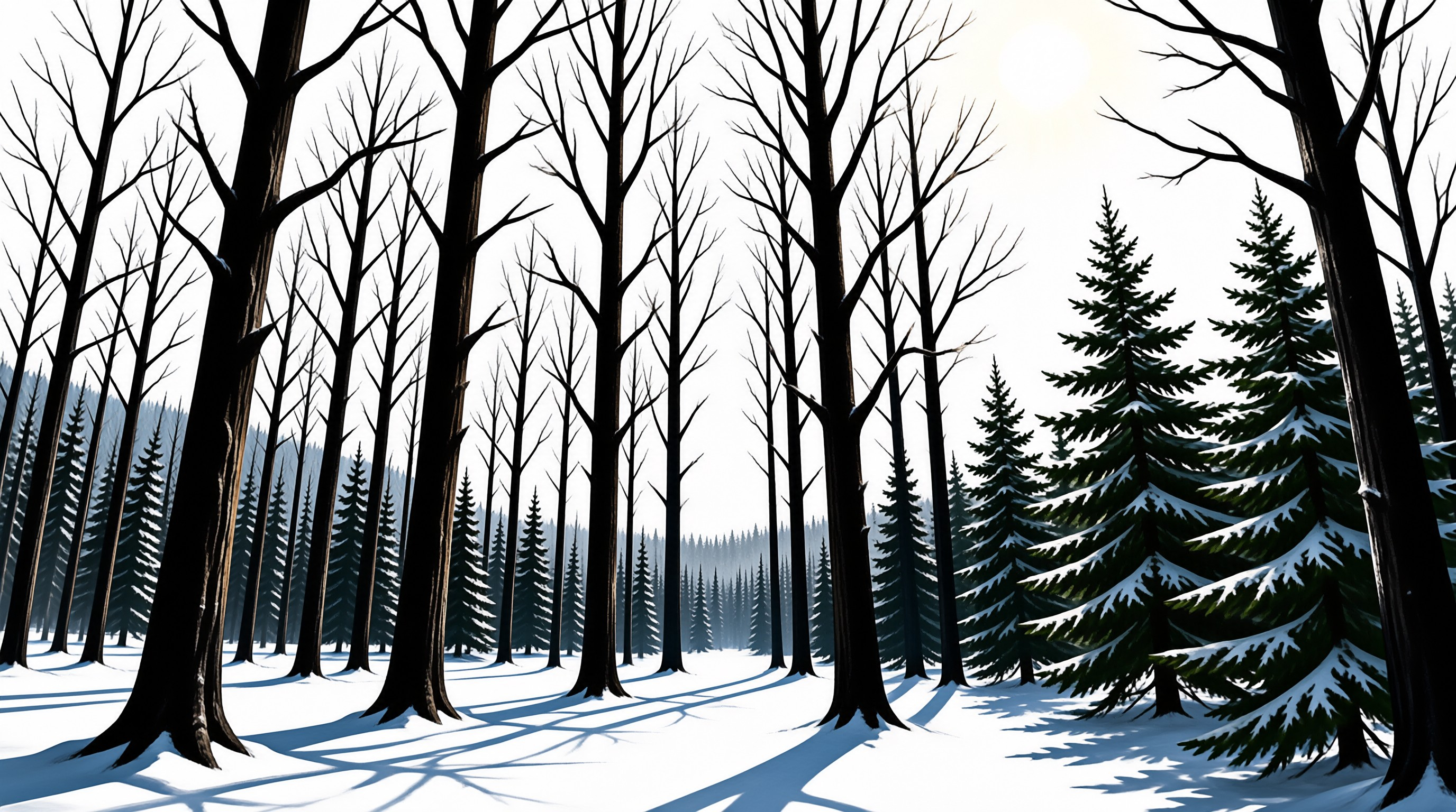 Bare deciduous trees and snow covered evergreens fill a bright snowy winter forest with long shadows across white ground under pale sky.