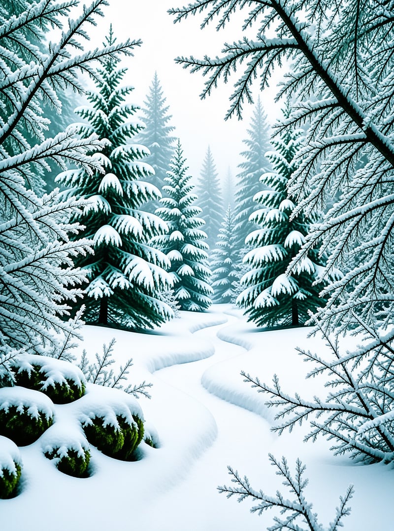 Snow-covered evergreen trees frame a winding white path leading into a misty blue forest depth.