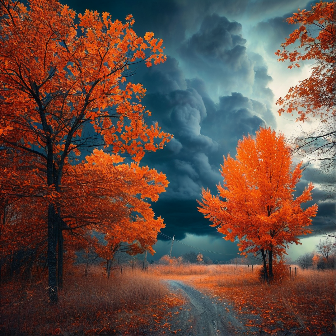Autumn Road Under Stormy Sky