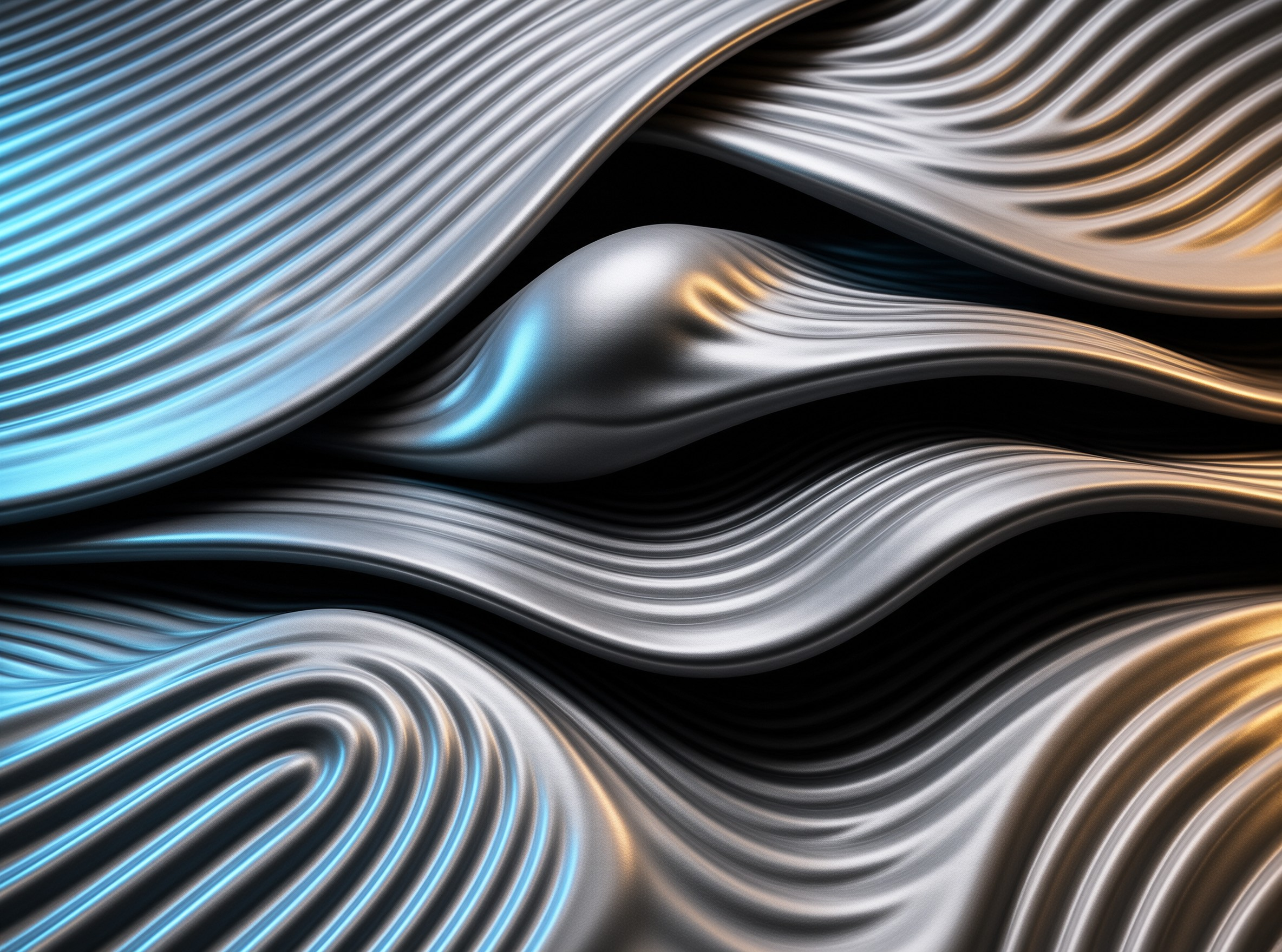 Fluid polished metal undulates in fine ridges, reflecting cool blue and warm gold light across dark hollows.
