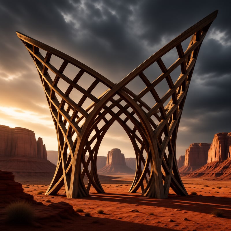 A massive wooden lattice sculpture forms an archway across a red desert canyon at sunset with storm clouds overhead.