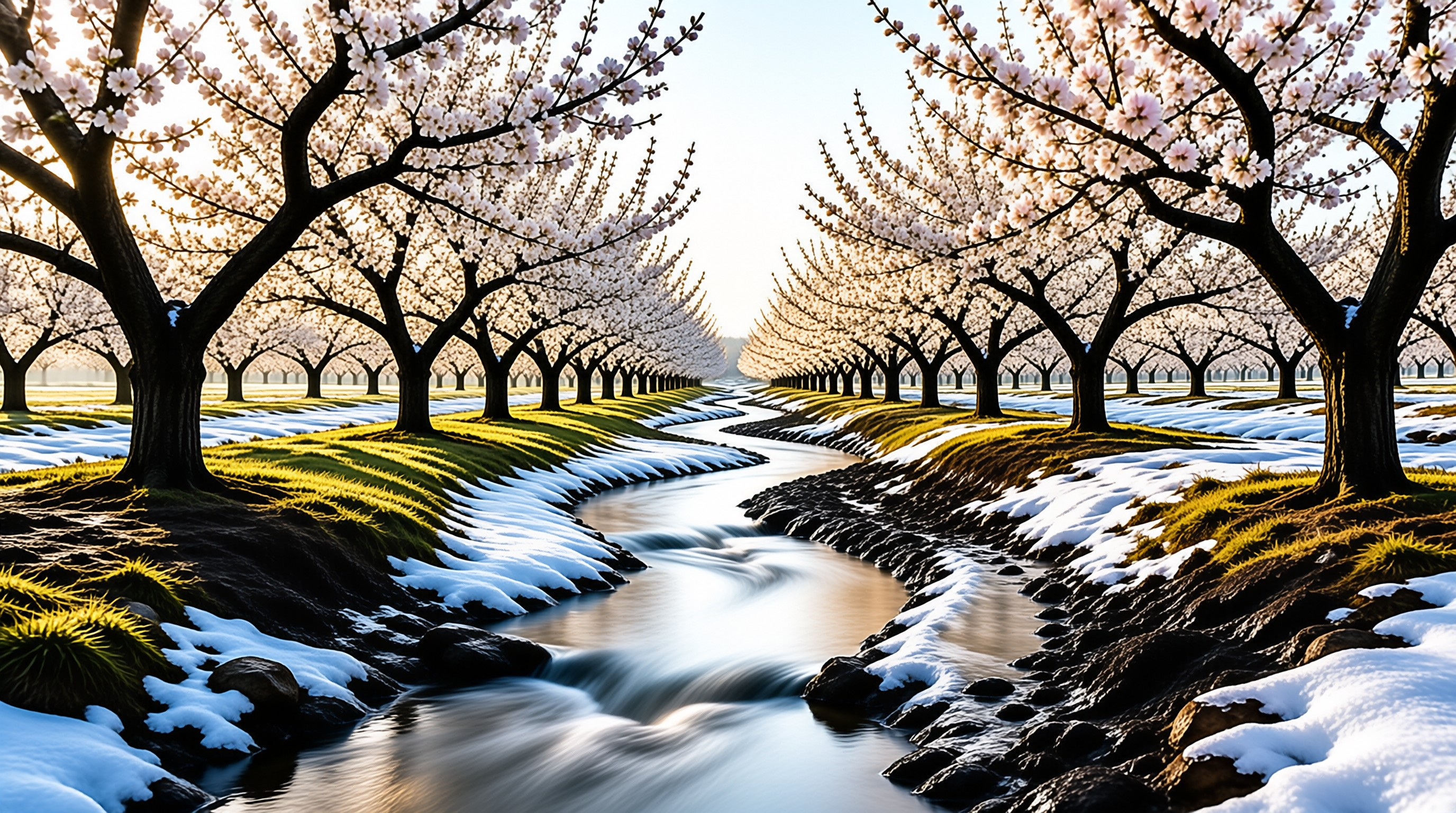 Pink flowering trees line a winding stream where patches of snow rest on green grass banks under soft light.
