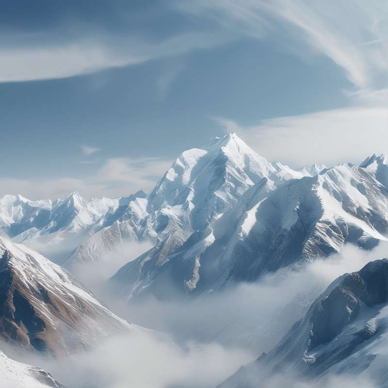 A vast range of snow-covered mountains stands tall with white mist filling the valleys below.