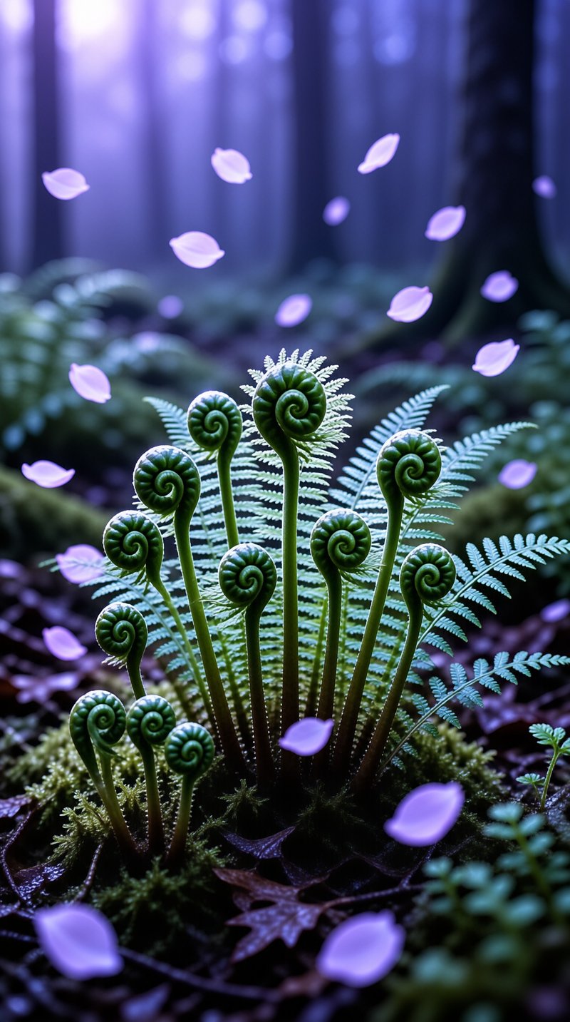 Green fern spirals rise from mossy ground as pale purple petals float through the cool blue forest atmosphere.