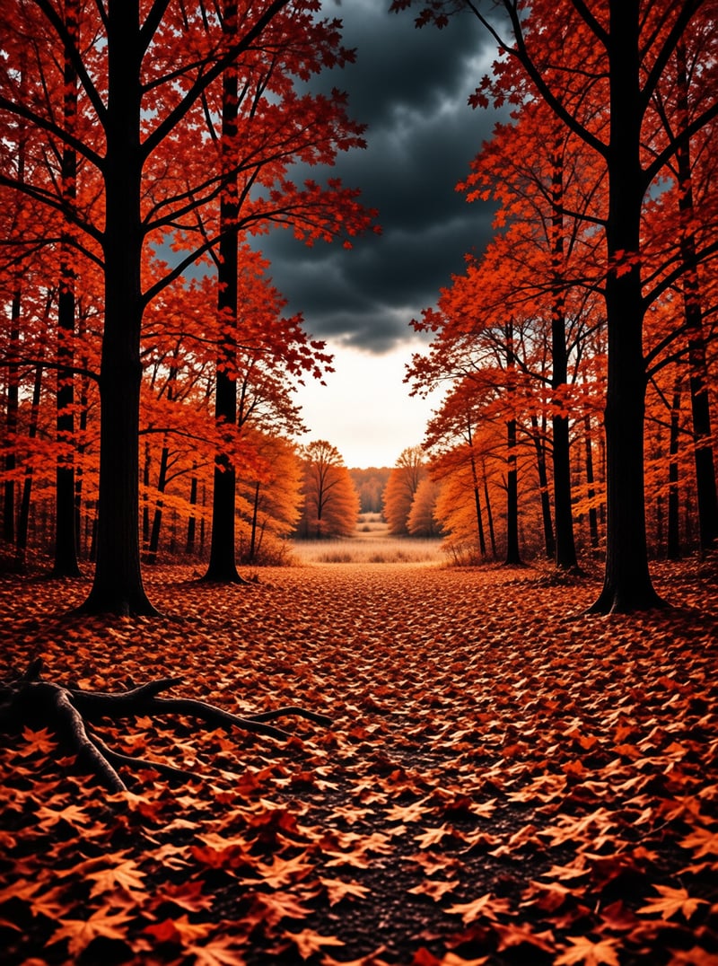 A tree-lined path covered in orange fallen leaves stretches into the distance under a heavy, dark stormy sky while tall black trunks frame the sides of the road.