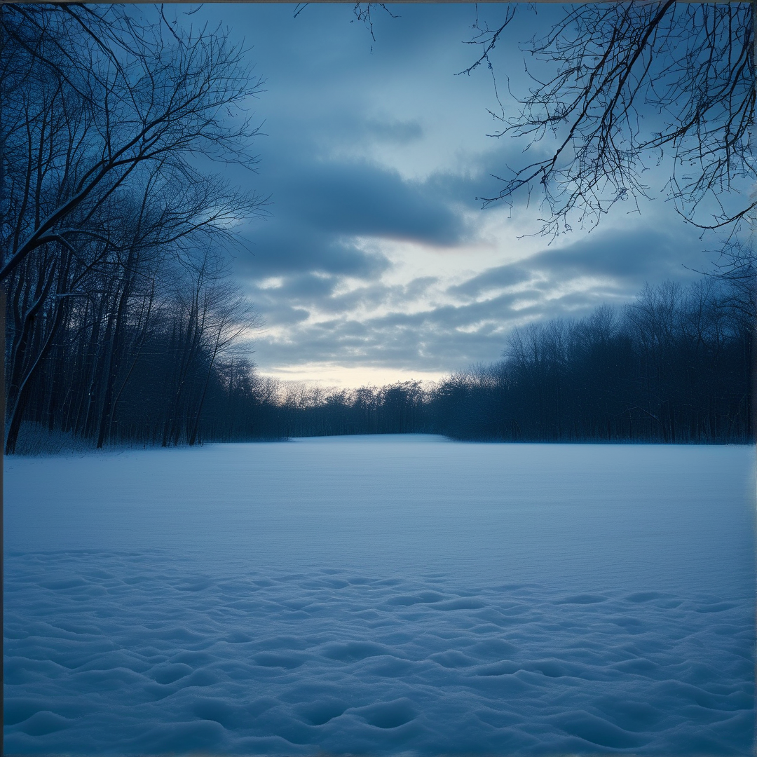 A wide expanse of blue snow stretches between dark trees under a cloudy twilight sky.