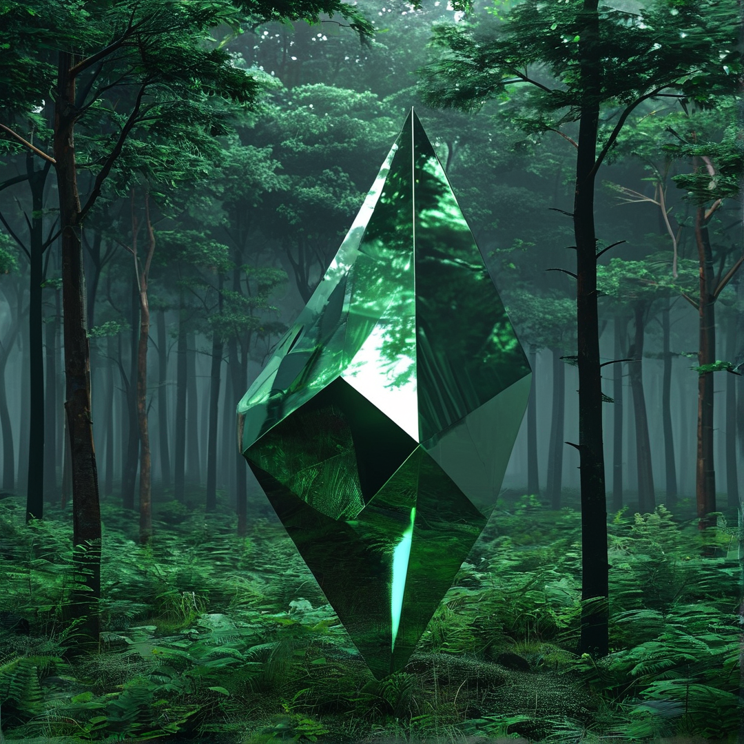 Green Crystal in Misty Forest