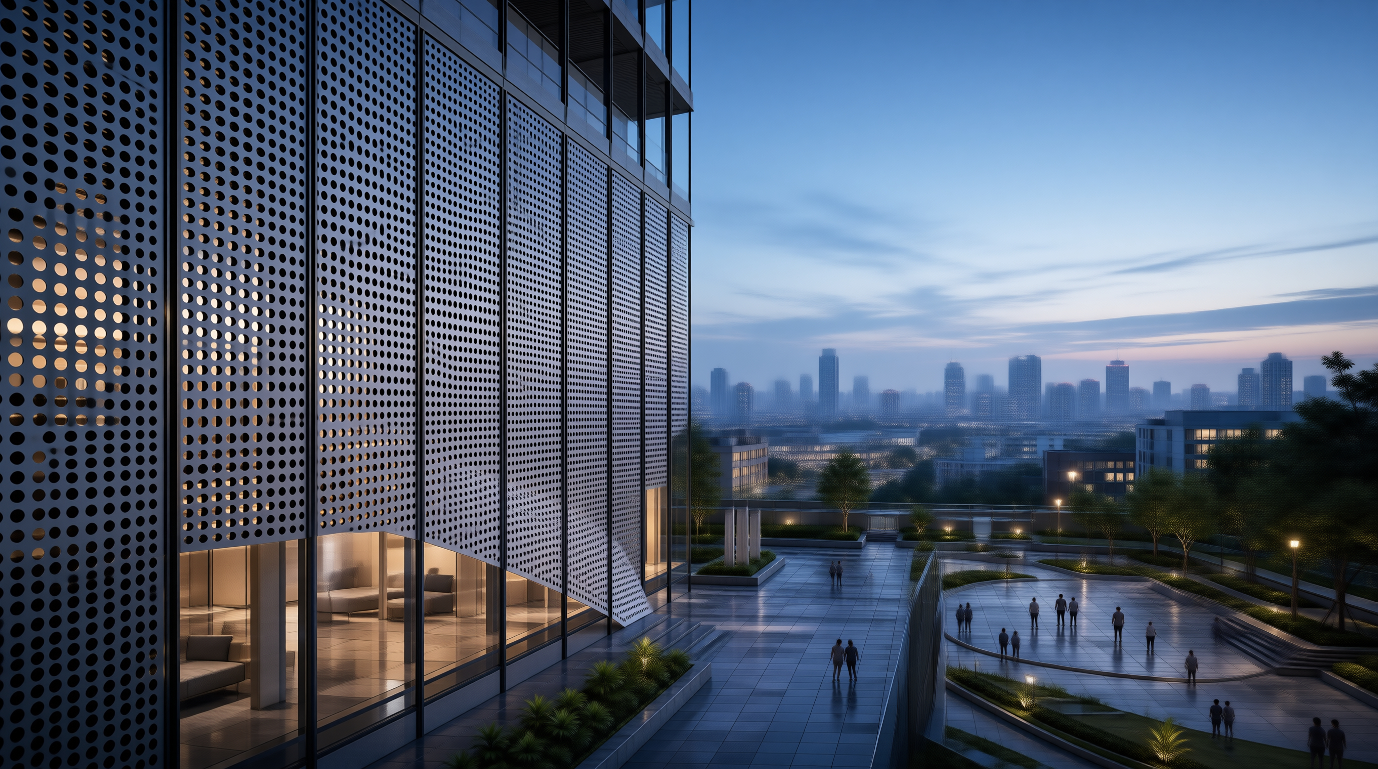 Perforated Facade at Dusk