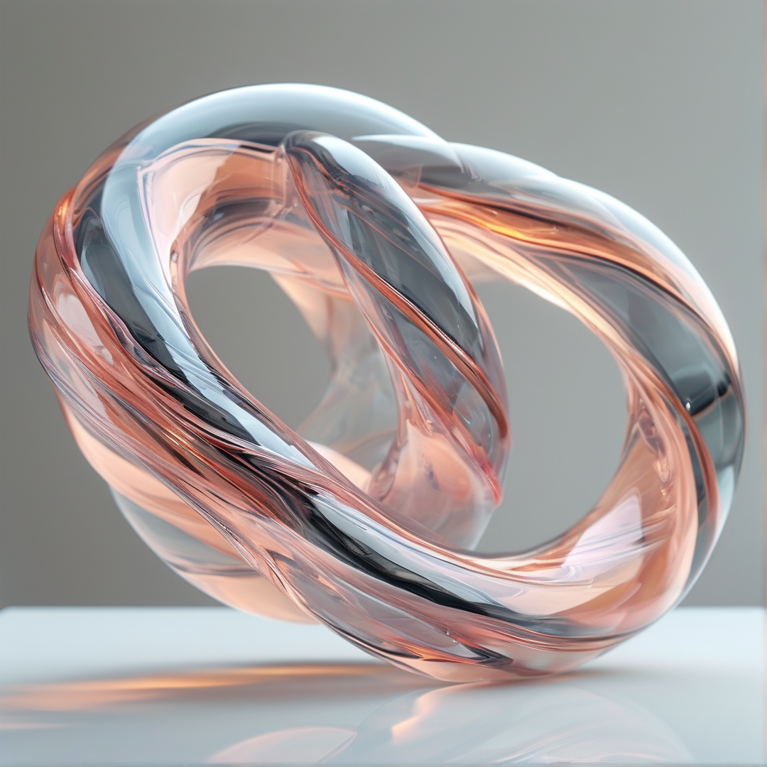A twisted glass form with metallic rose gold reflections sitting on a plain surface.
