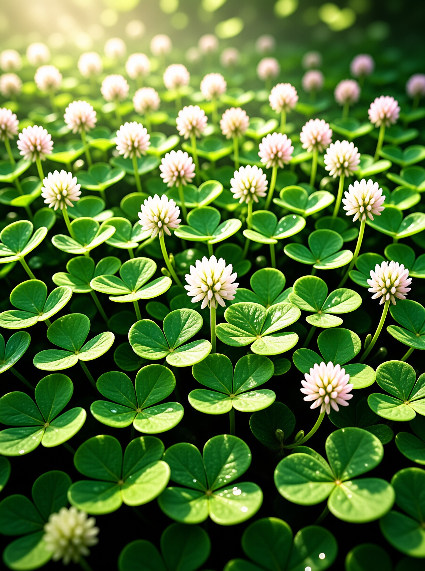 Vibrant green clover foliage fills the frame with clusters of white blossoms reaching toward golden sunlight.