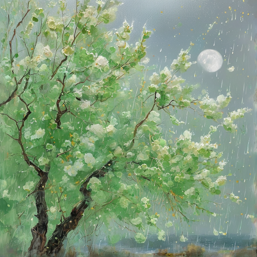 A lush flowering tree with pale white blooms leans toward a bright full moon amid falling rain, with soft water visible at its base.