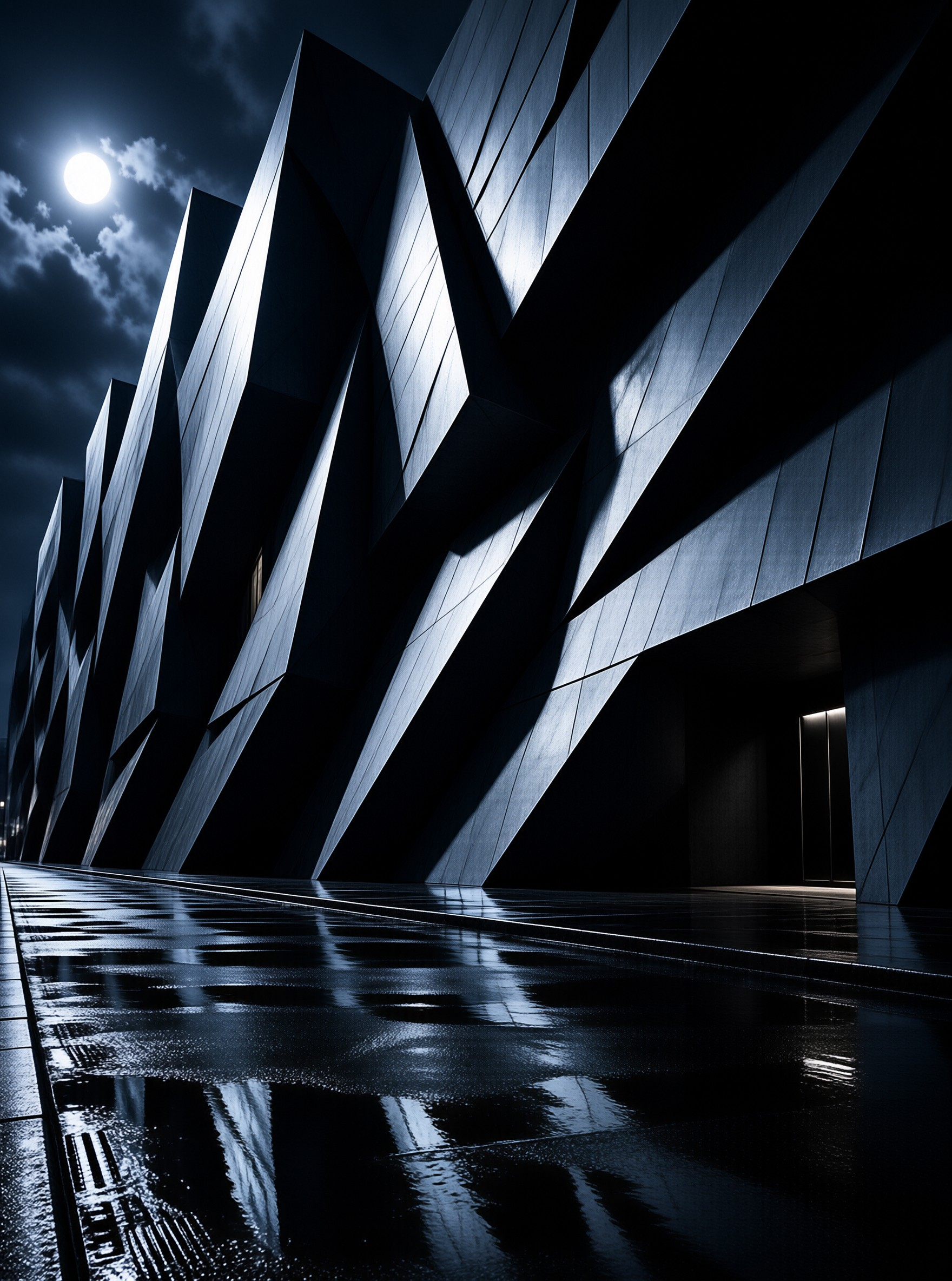 A sharp geometric building stands under a moonlit sky while wet pavement reflects its angular silhouette below.