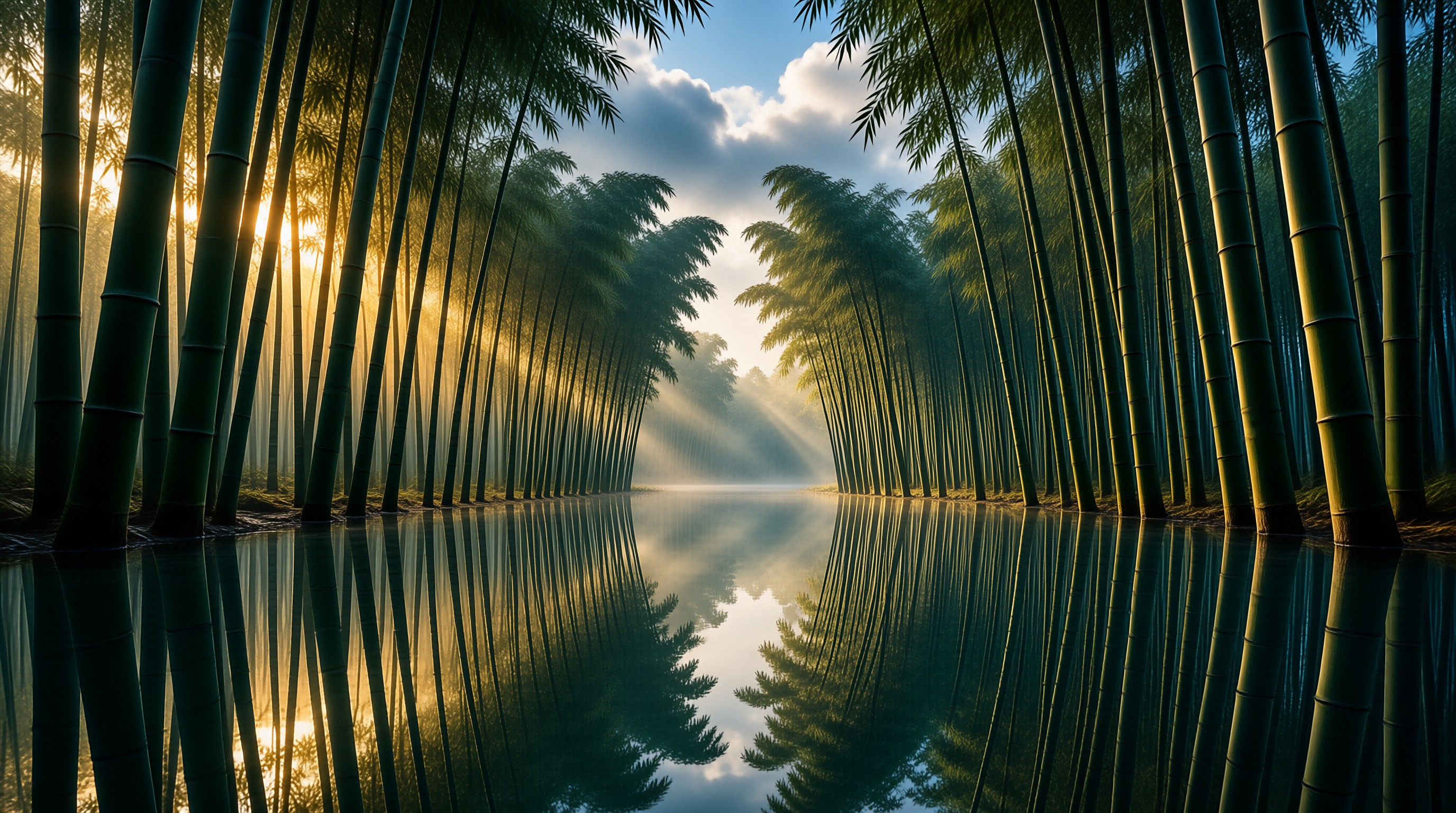 Tall green bamboo columns flank a glassy pond as sunbeams slant through low mist at first light.