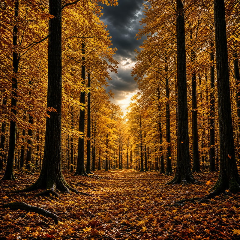 Sunlit Golden Autumn Forest
