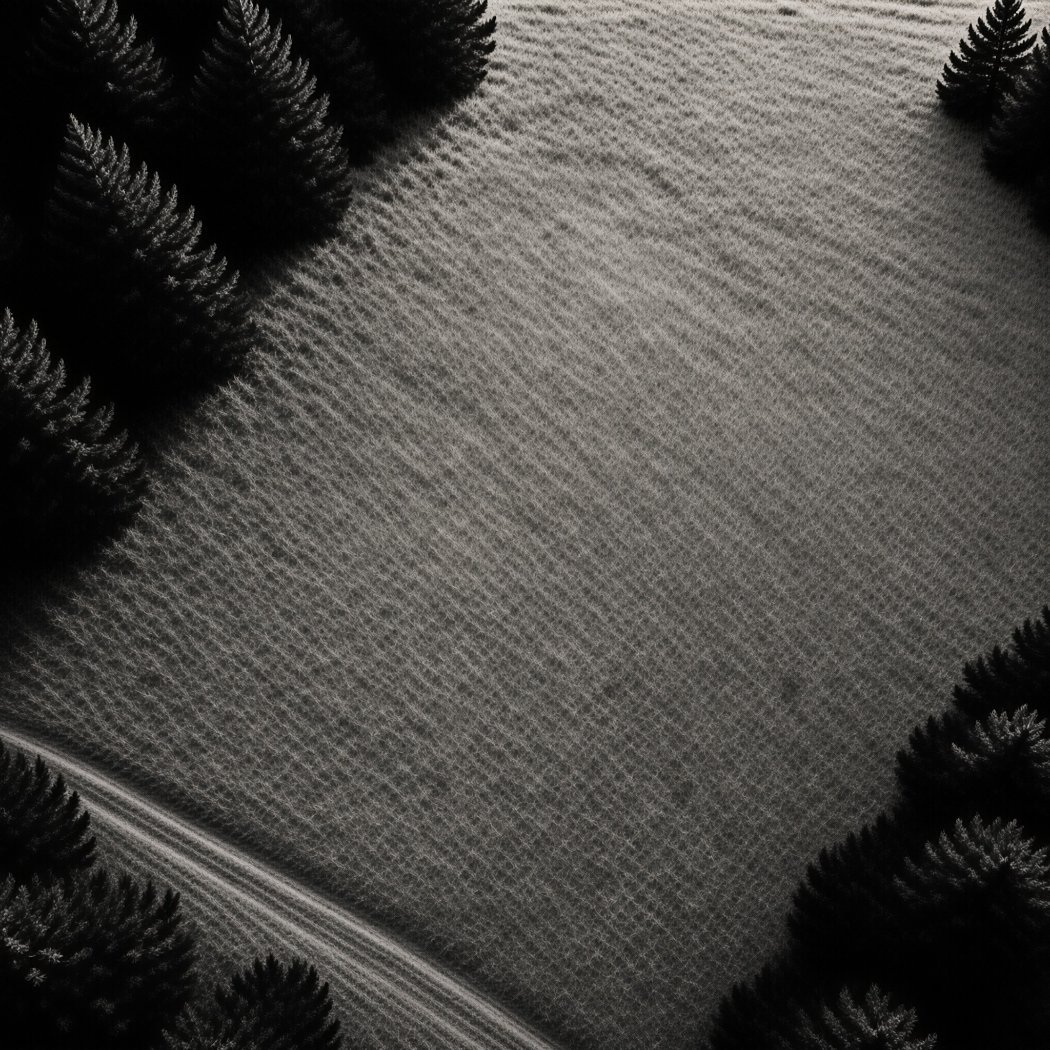 Black and white aerial view showing wind patterns across snow next to dark trees