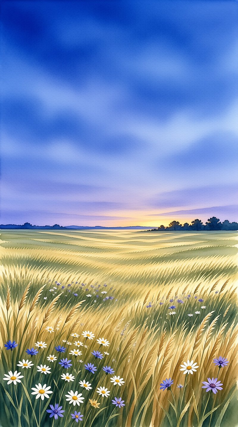 A painting of white daisies and blue cornflowers growing among ripe wheat stalks beneath a gradient sky that shifts from deep blue to warm orange near the distant tree line.