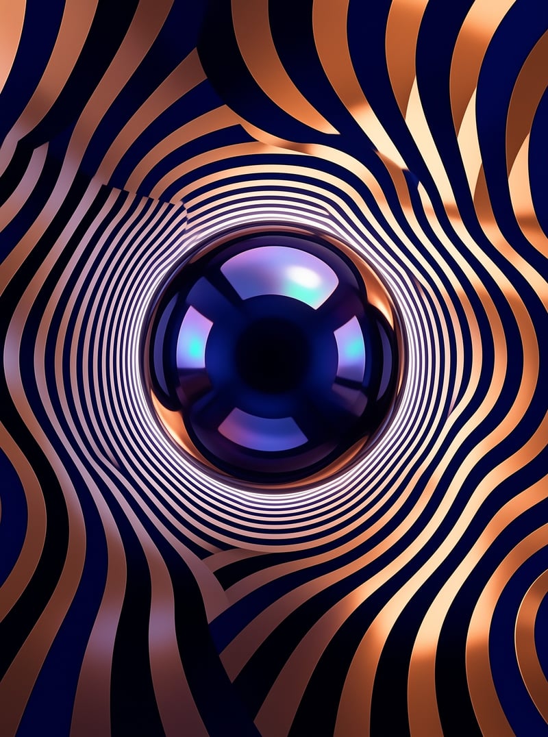 A blue reflective lens rests amid undulating copper and dark blue wavy ribbons that catch warm metallic lighting.