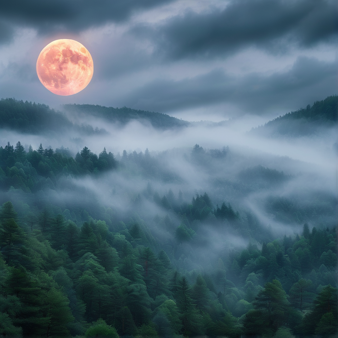 Red Moon Over Misty Forest