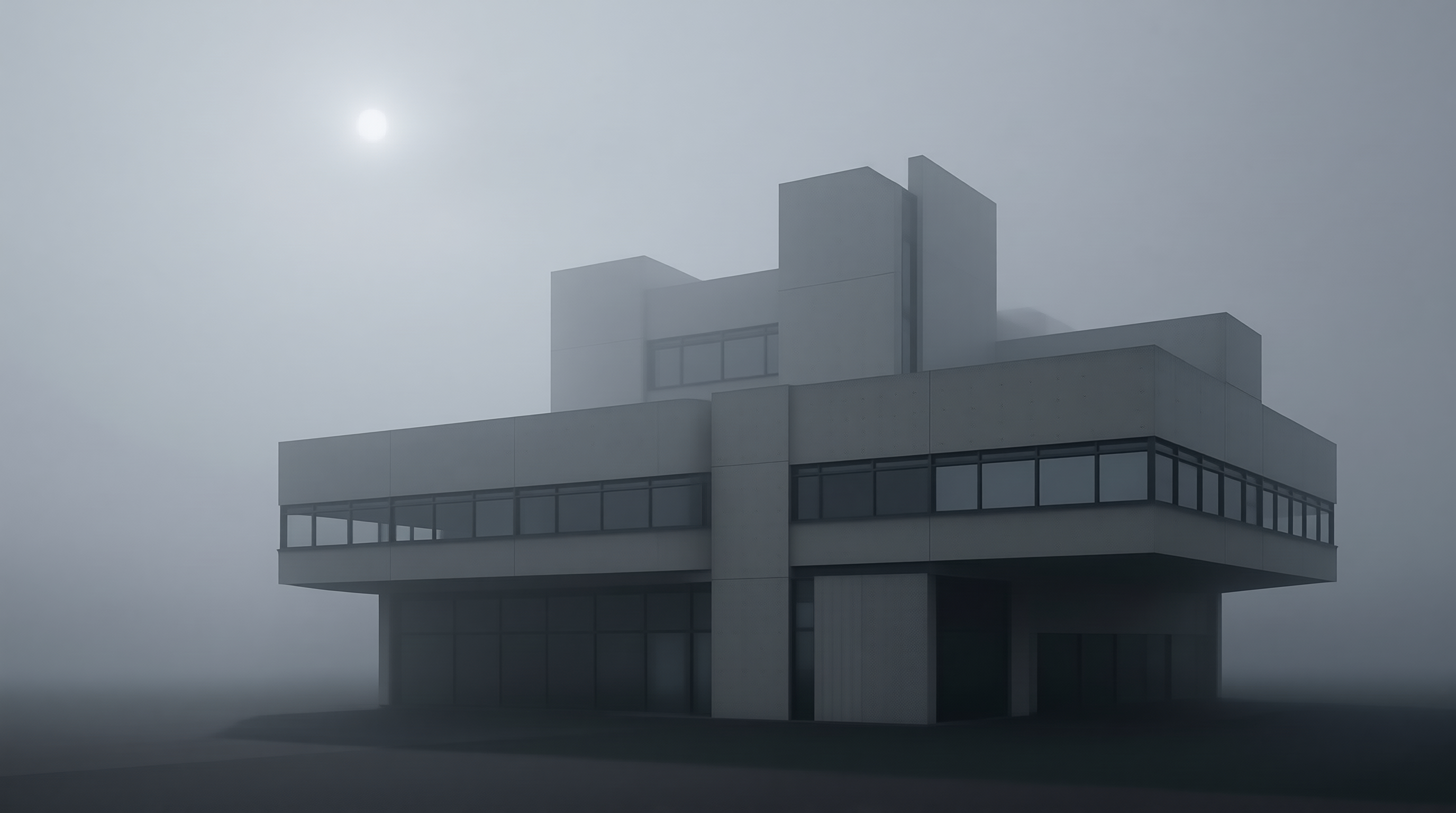 Modern Building in Dense Fog