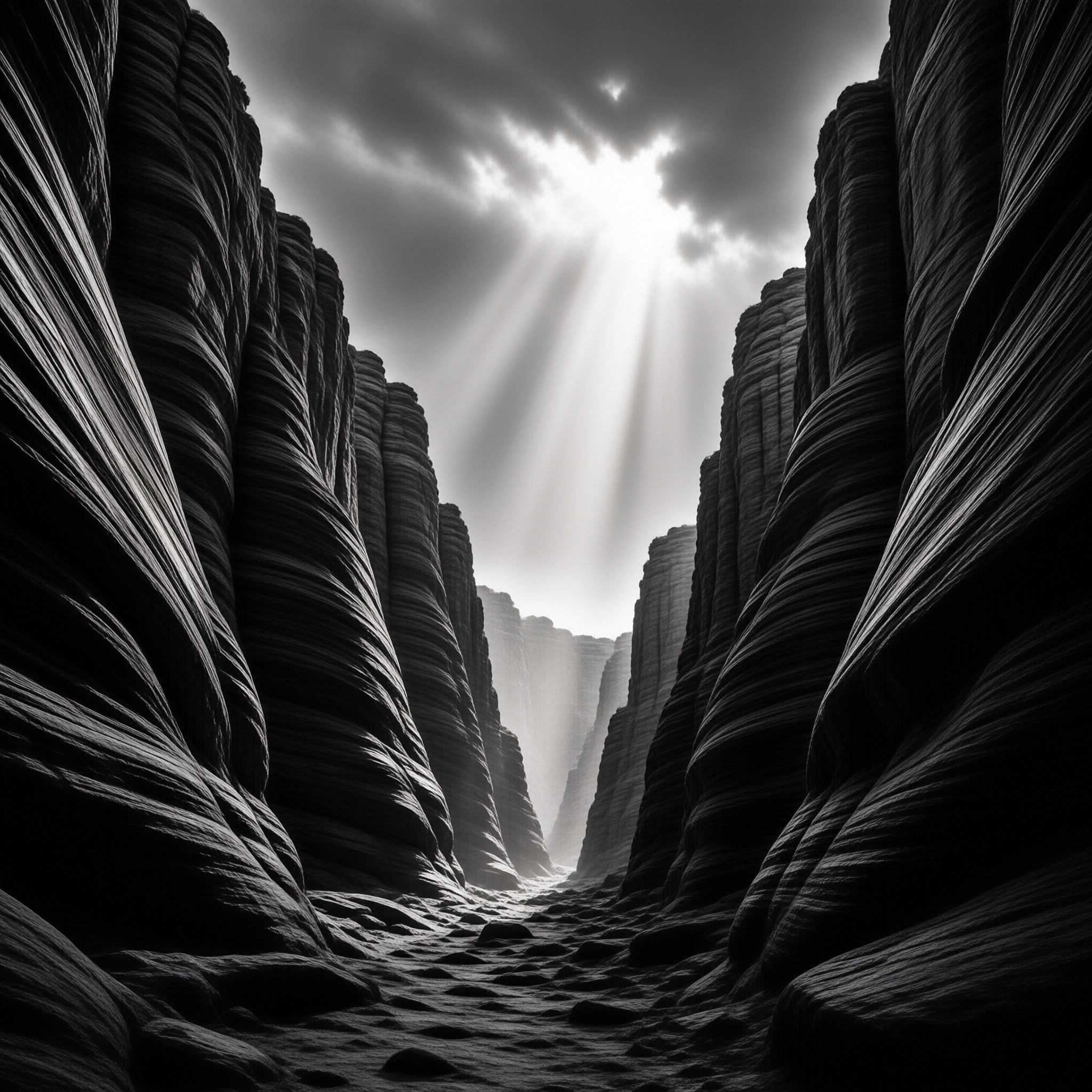 Ribbons of pale light pour between towering canyon walls carved with swirling stone layers