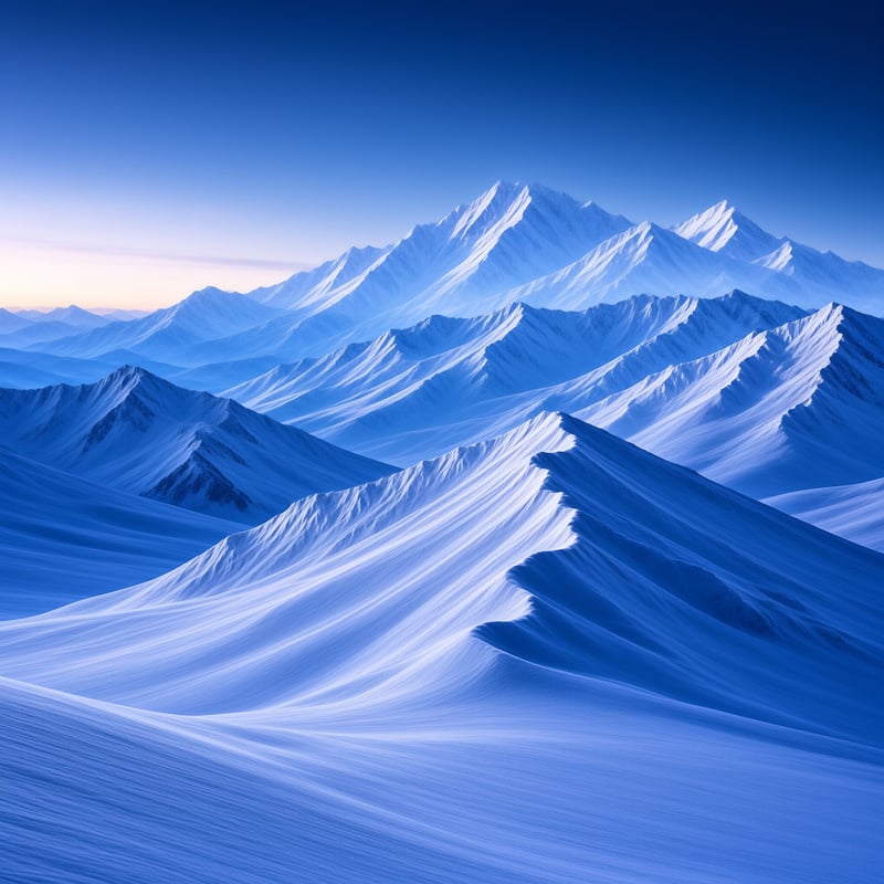 A vast landscape of snow-covered mountain ridges displays wind-blown patterns under a deep blue twilight sky.
