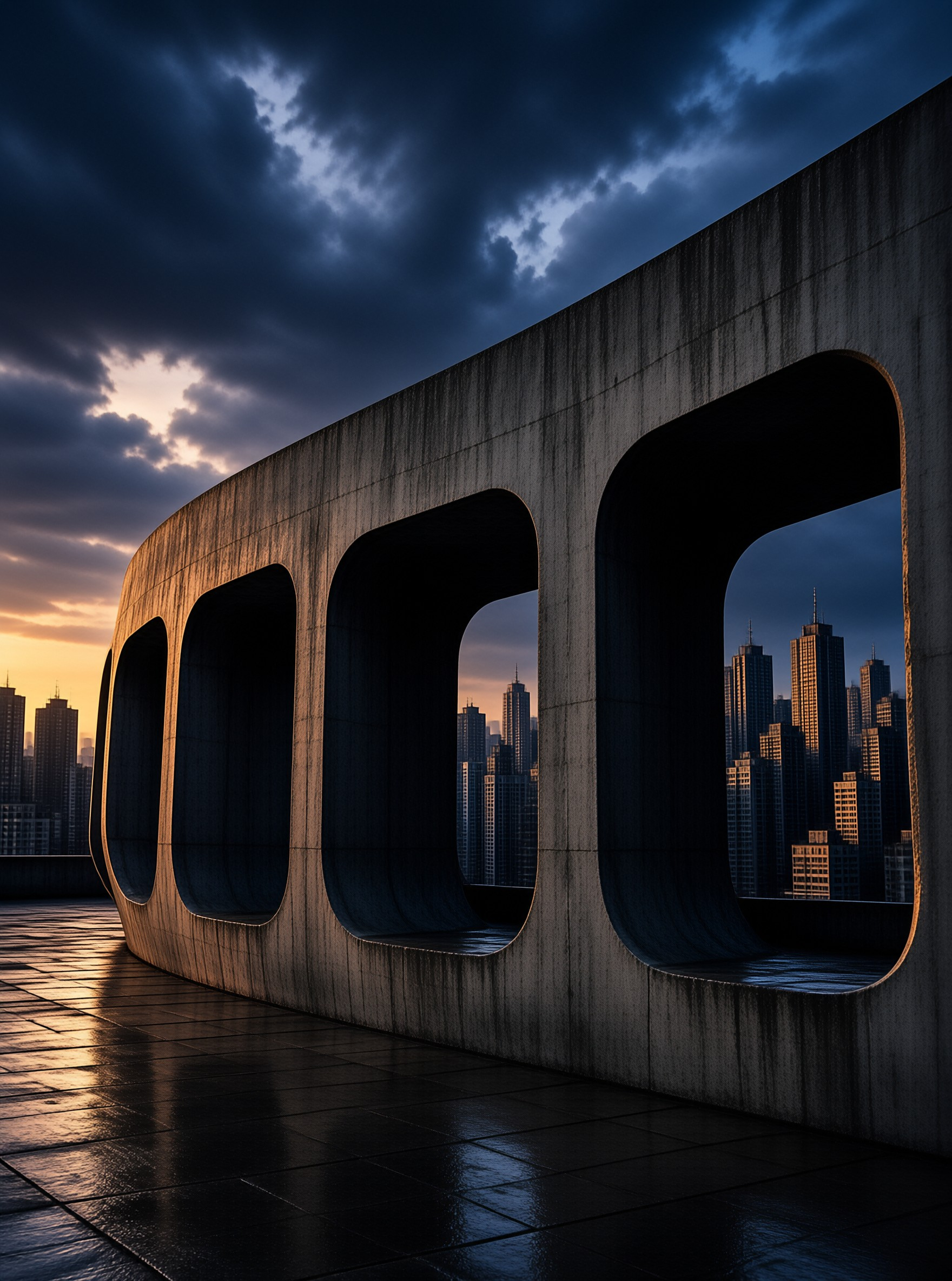 Curved Concrete Wall at Dusk