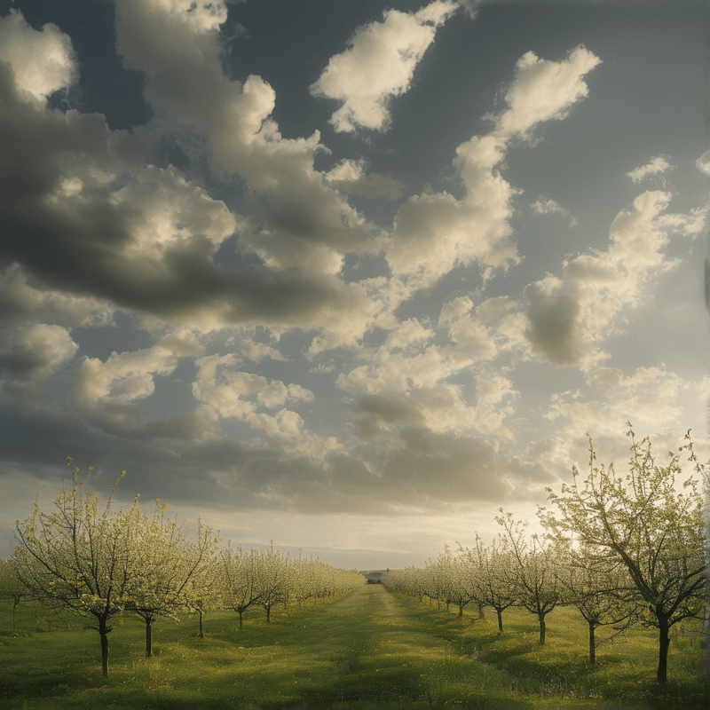 Rows of white flowering trees line a grassy path leading toward a horizon beneath a dramatic sky of sunlit clouds.