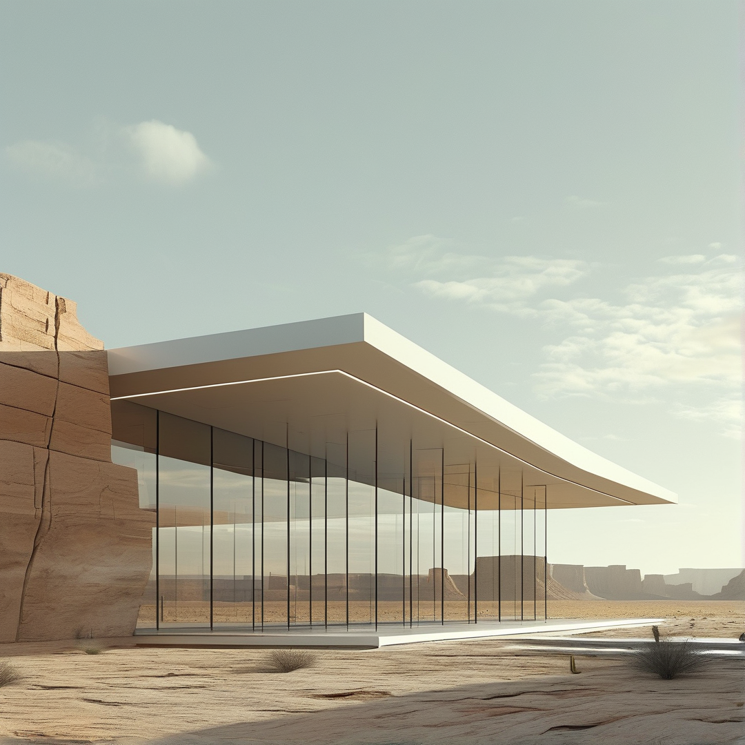Contemporary glass structure nestled beside a sandstone cliff in an expansive desert under a pale blue sky