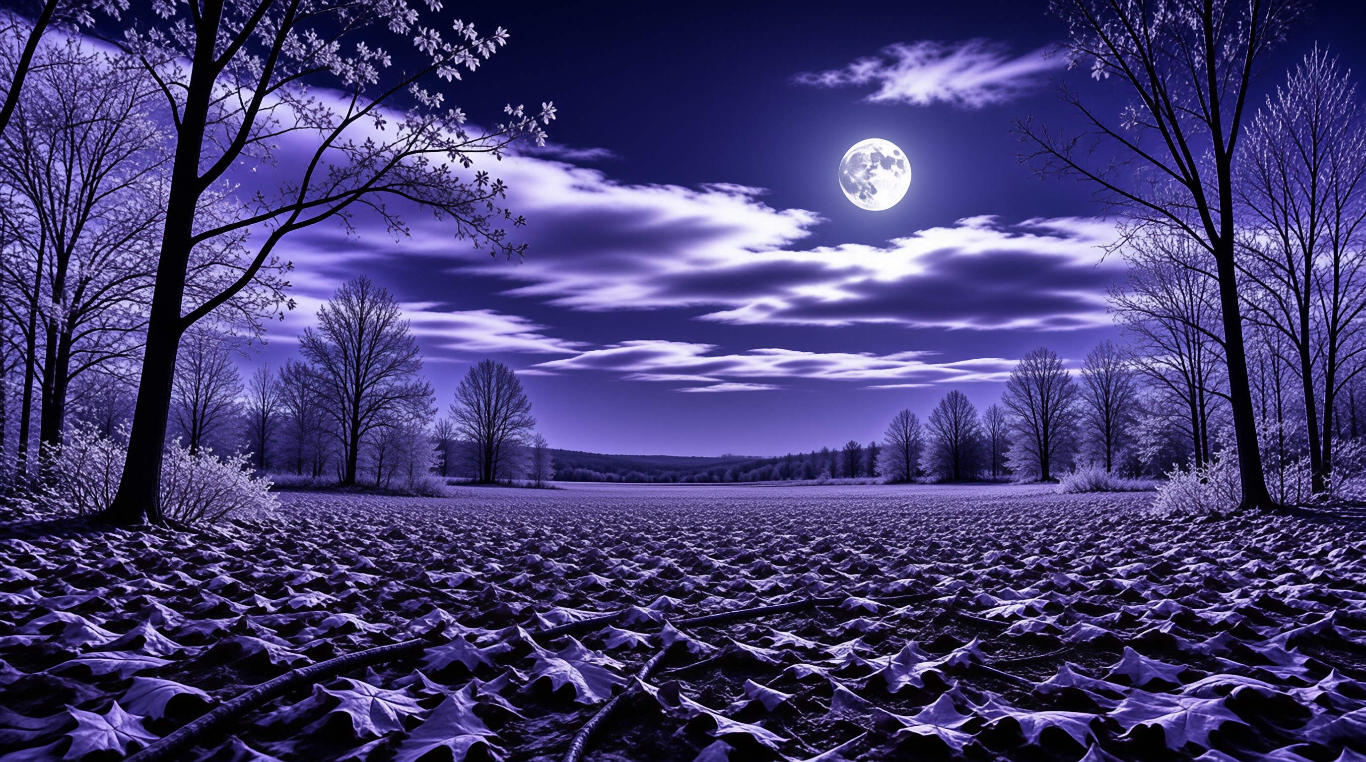 A luminous full moon hangs above bare winter trees and a field of frosted leaves, all washed in deep violet night tones.