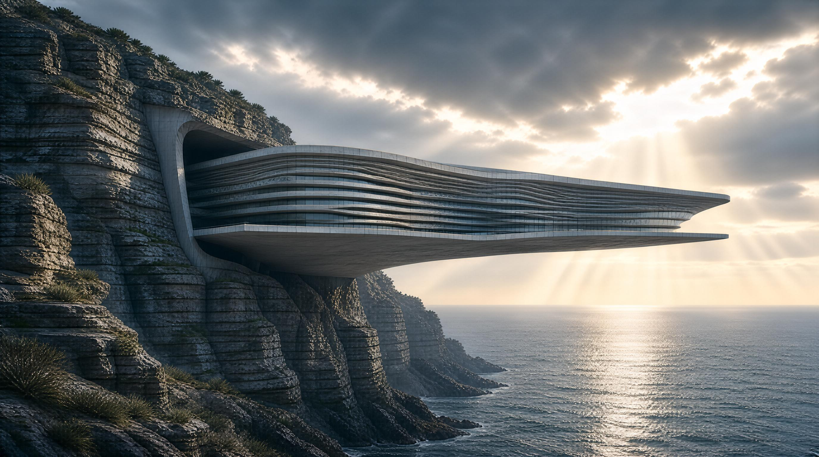 Futuristic Cliffside Building Over Ocean