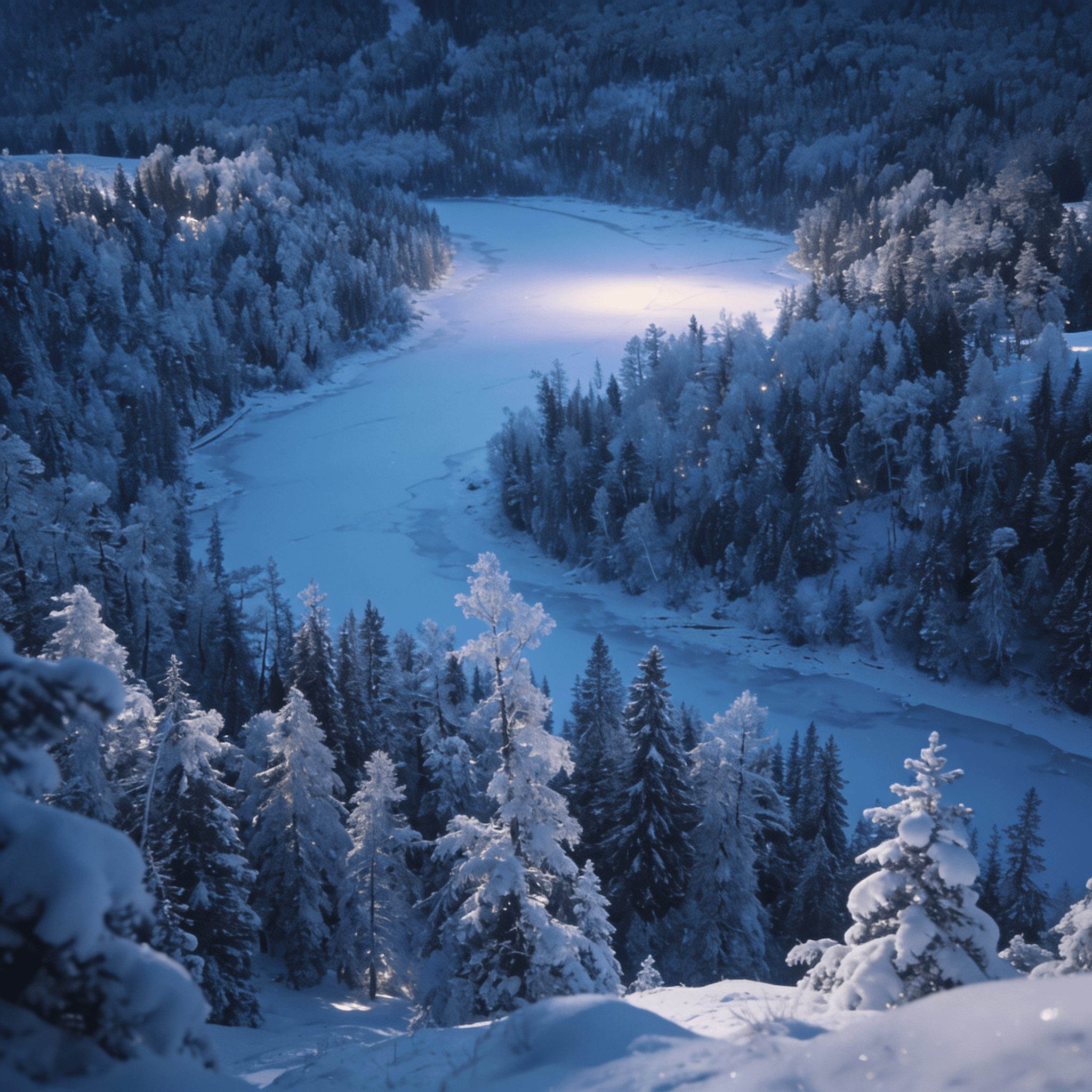 Snow-Covered Pines by a Frozen Lake