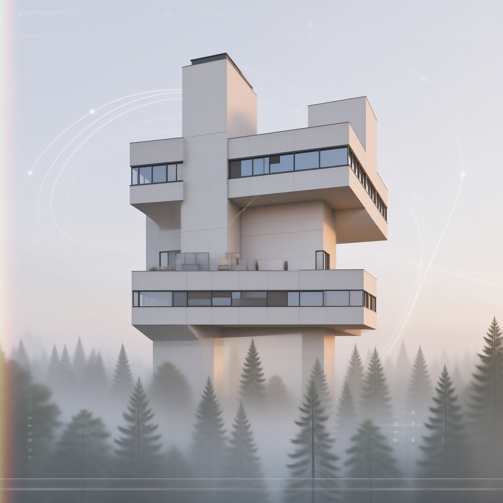 Modern Tower in Misty Forest