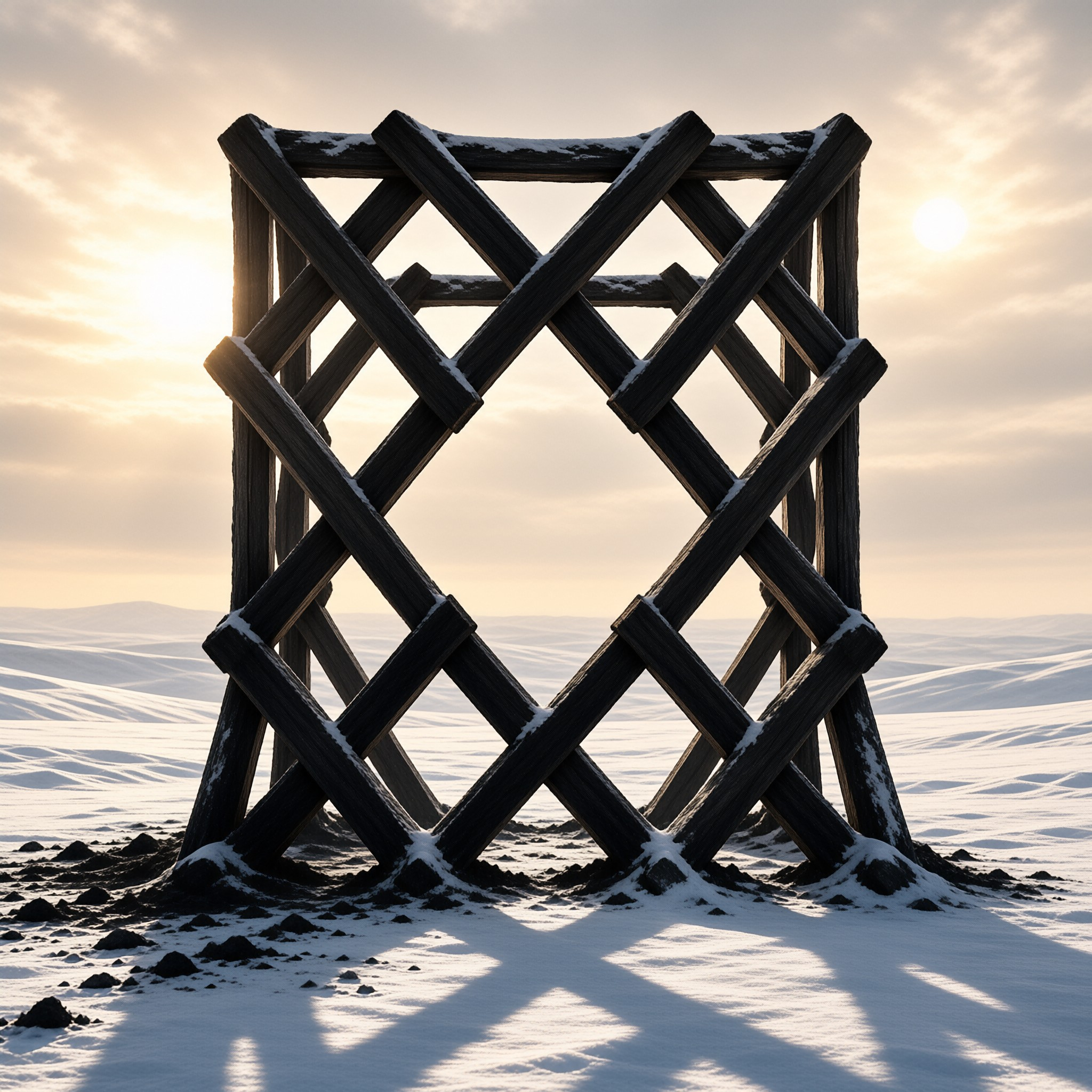 A dark wooden crisscross fence stands in a snowy field during a bright golden sunrise with long shadows cast on the ground.