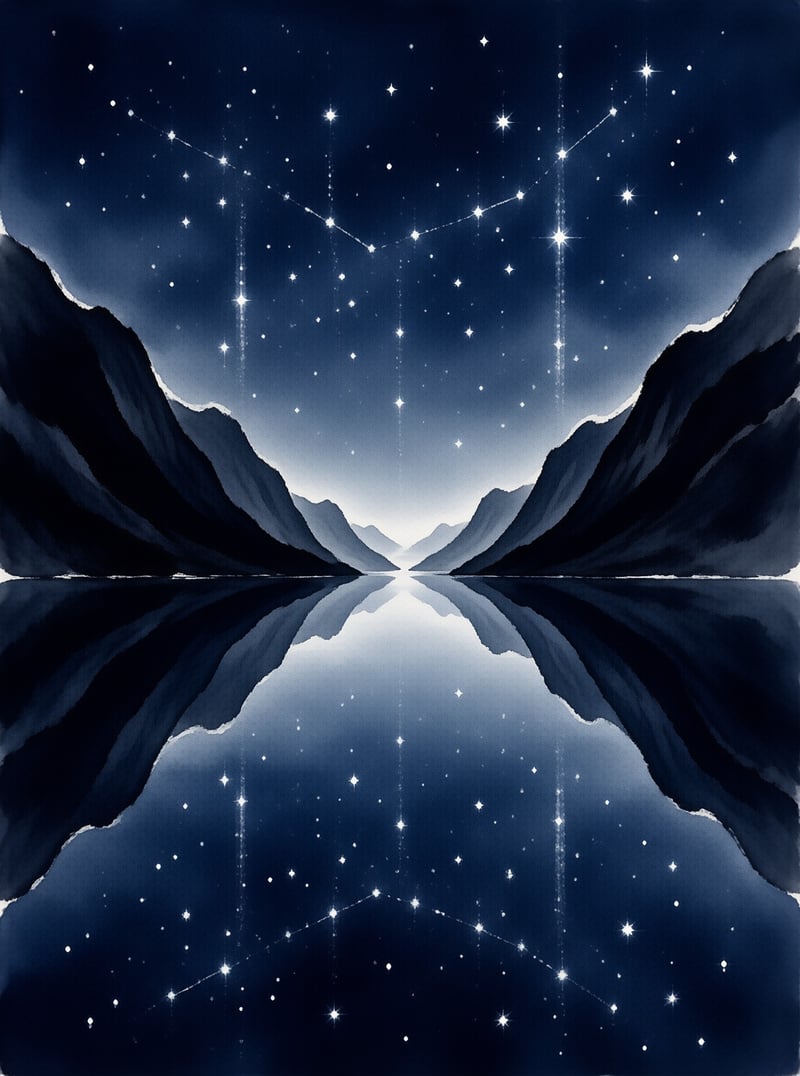Symmetrical indigo watercolor of dark mountain slopes meeting a mirror lake beneath constellations and falling stars.