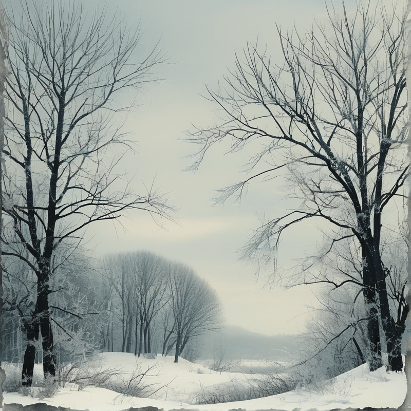 A pair of dark leafless trees frames a snowy clearing with distant woods under a soft overcast sky.