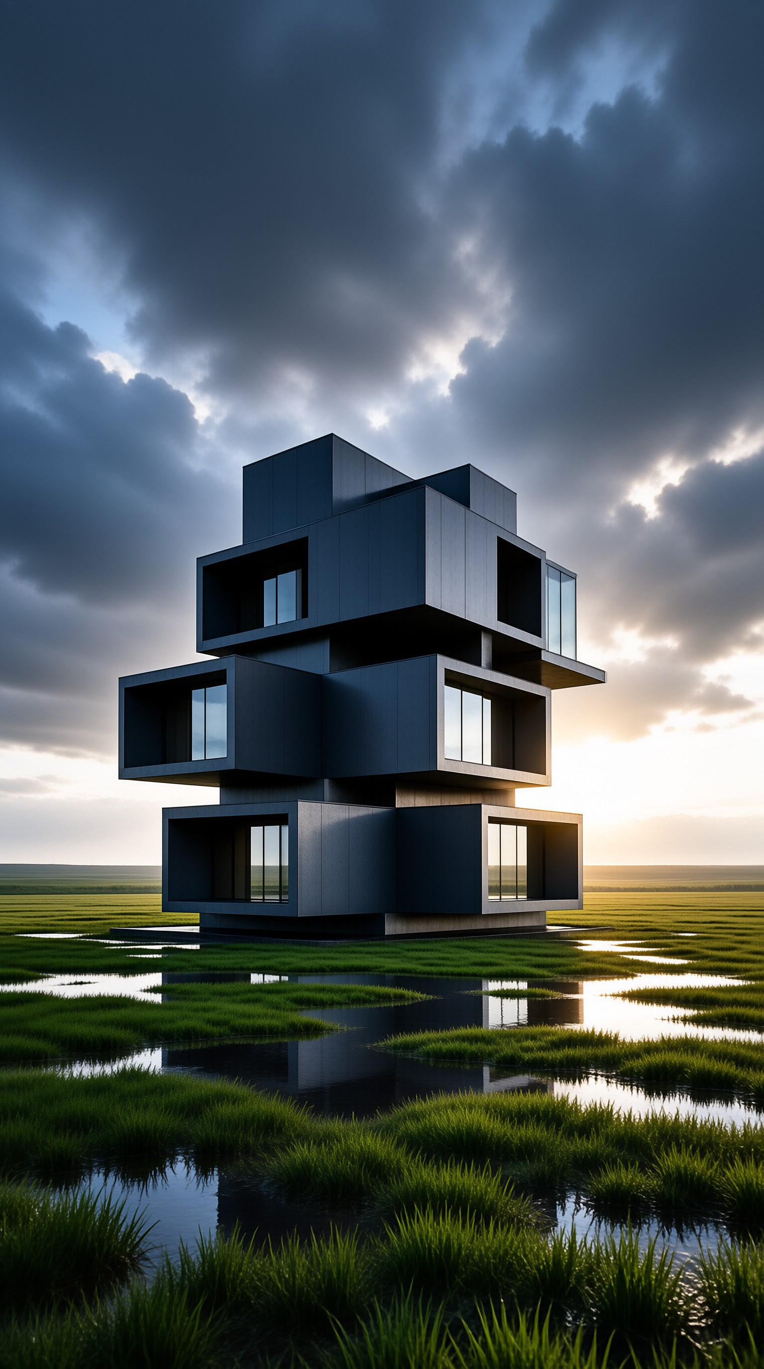 A dark modular building sits isolated in a wet grassy field while sunlight streams through heavy clouds.