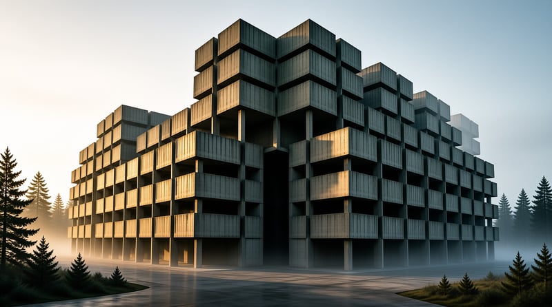 A massive concrete building with stacked balconies rises in a misty forest clearing illuminated by warm golden light.