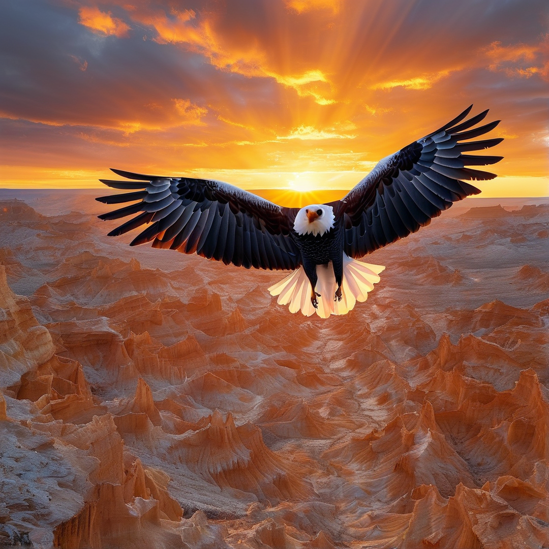 A bald eagle flies with spread wings over an orange canyon landscape under a radiant sunset sky.