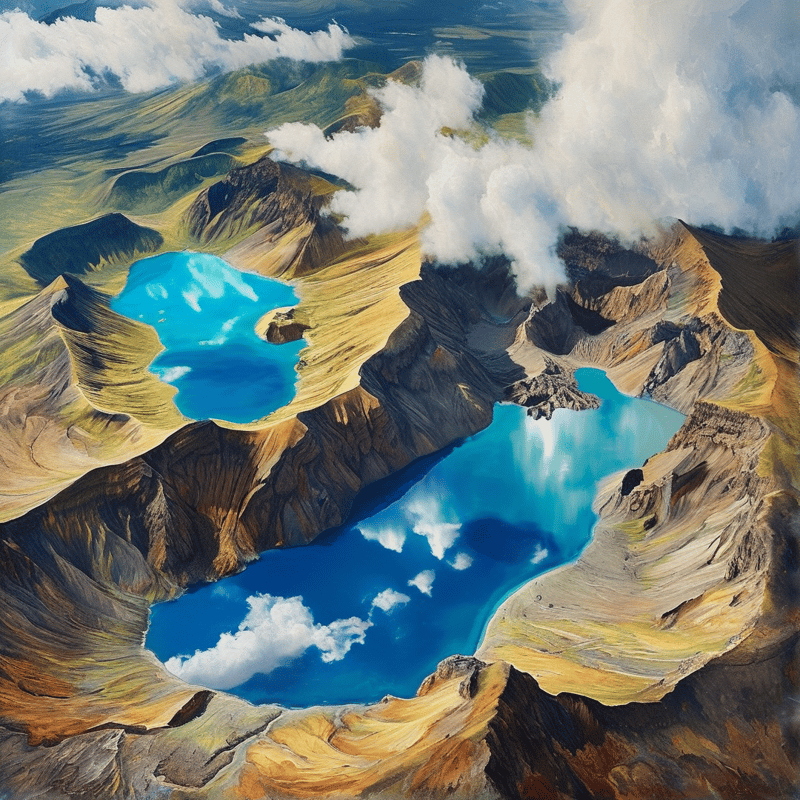 Aerial view of volcanic crater lakes with vivid blue water mirroring white clouds over golden slopes and dark rock ridges