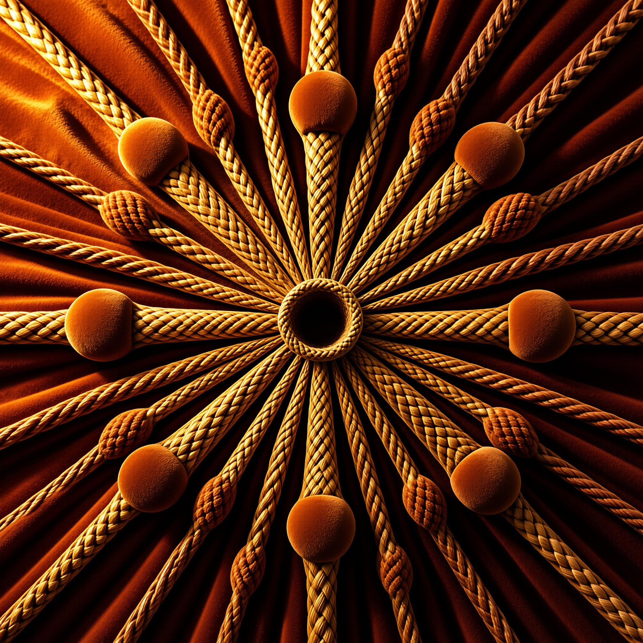 Thick braided cords with round caps extend outward from a central loop against a pleated brown background.