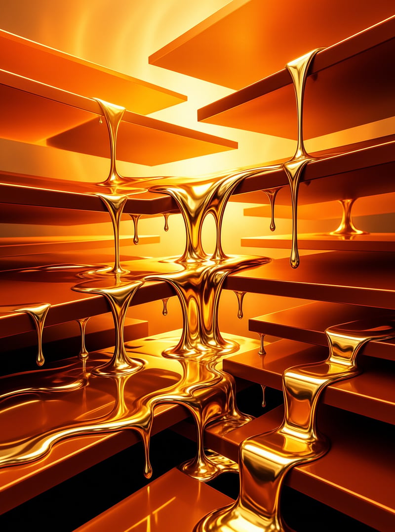 Viscous golden fluid streams down angular orange platforms under intense warm lighting