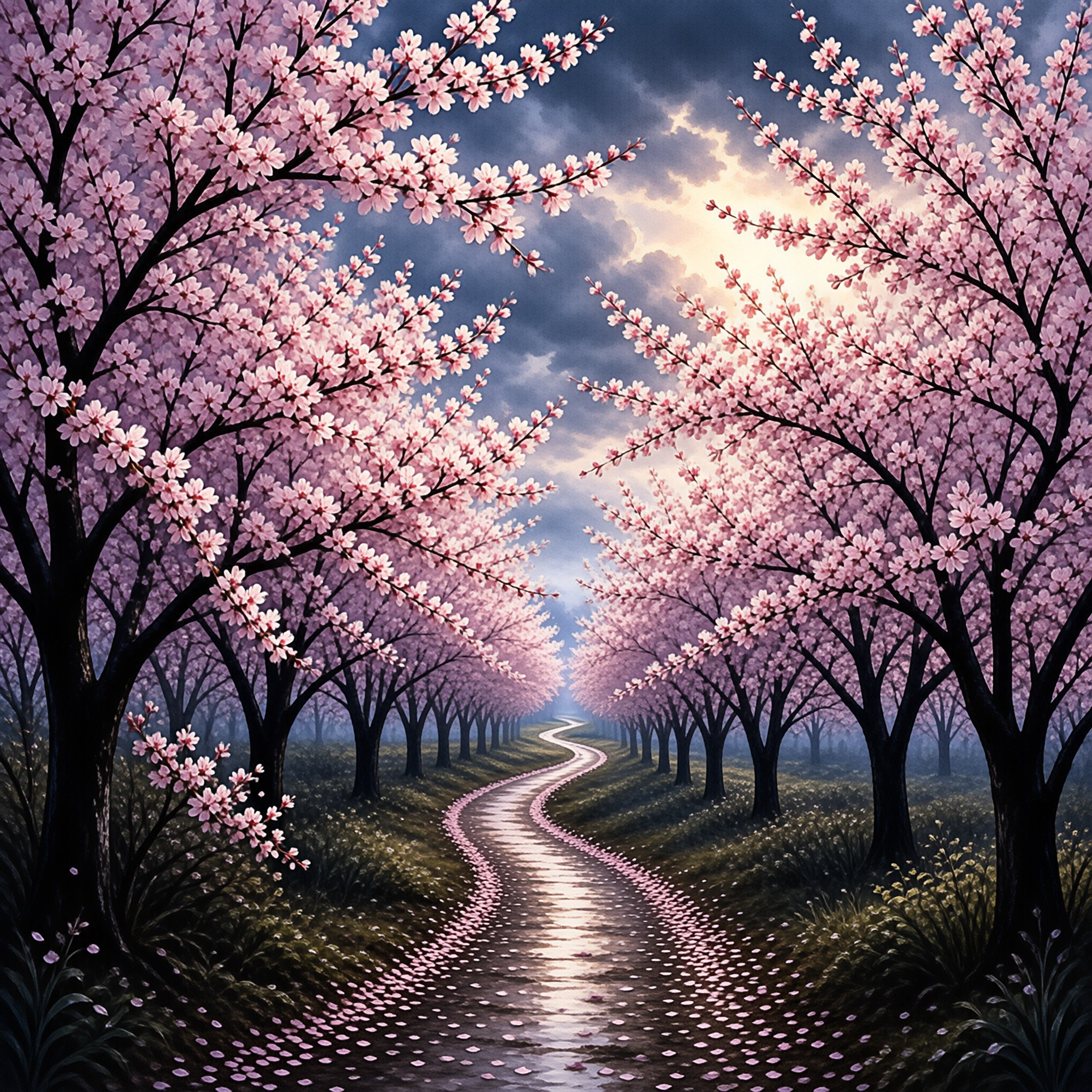 A wet lane strewn with pink petals curves between blooming cherry trees under heavy clouds lit from behind.