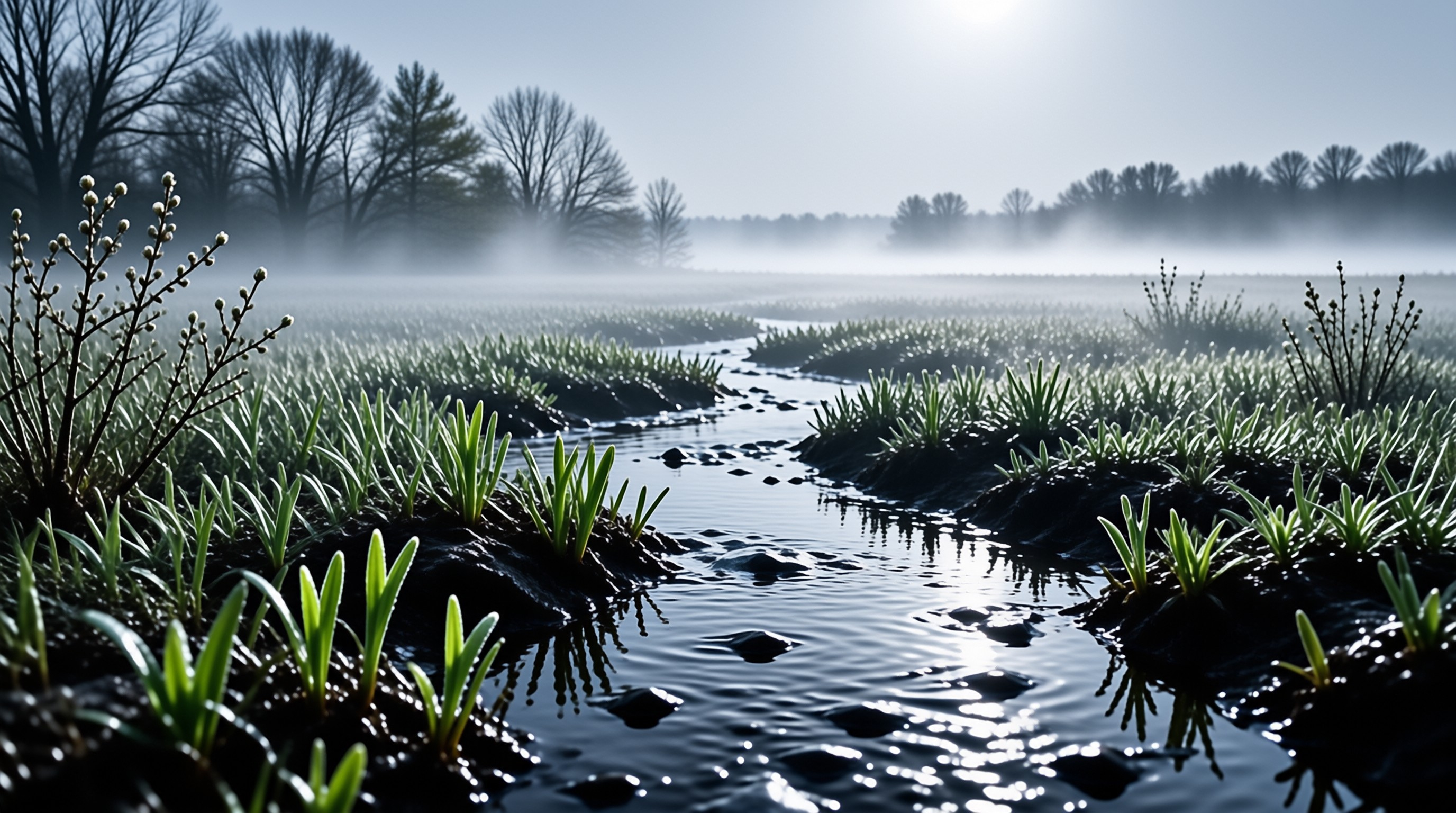 A narrow body of water winds between banks of fresh green vegetation while low hanging mist obscures the distant treeline.