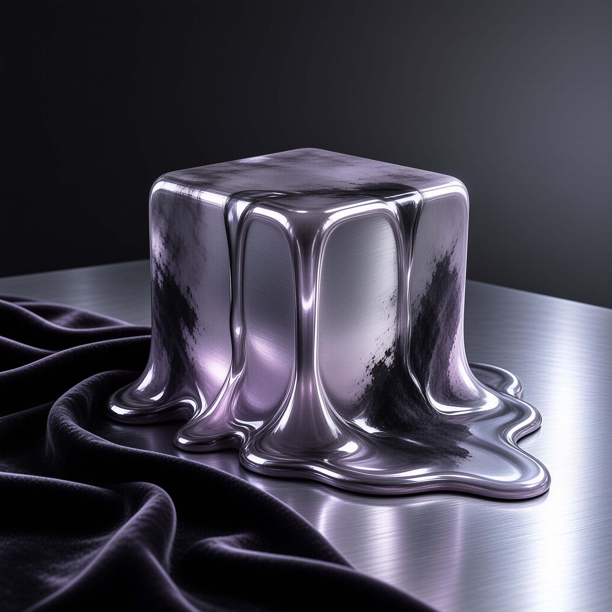 A glossy metallic cube drips into soft folds of dark velvet beside a brushed steel table.