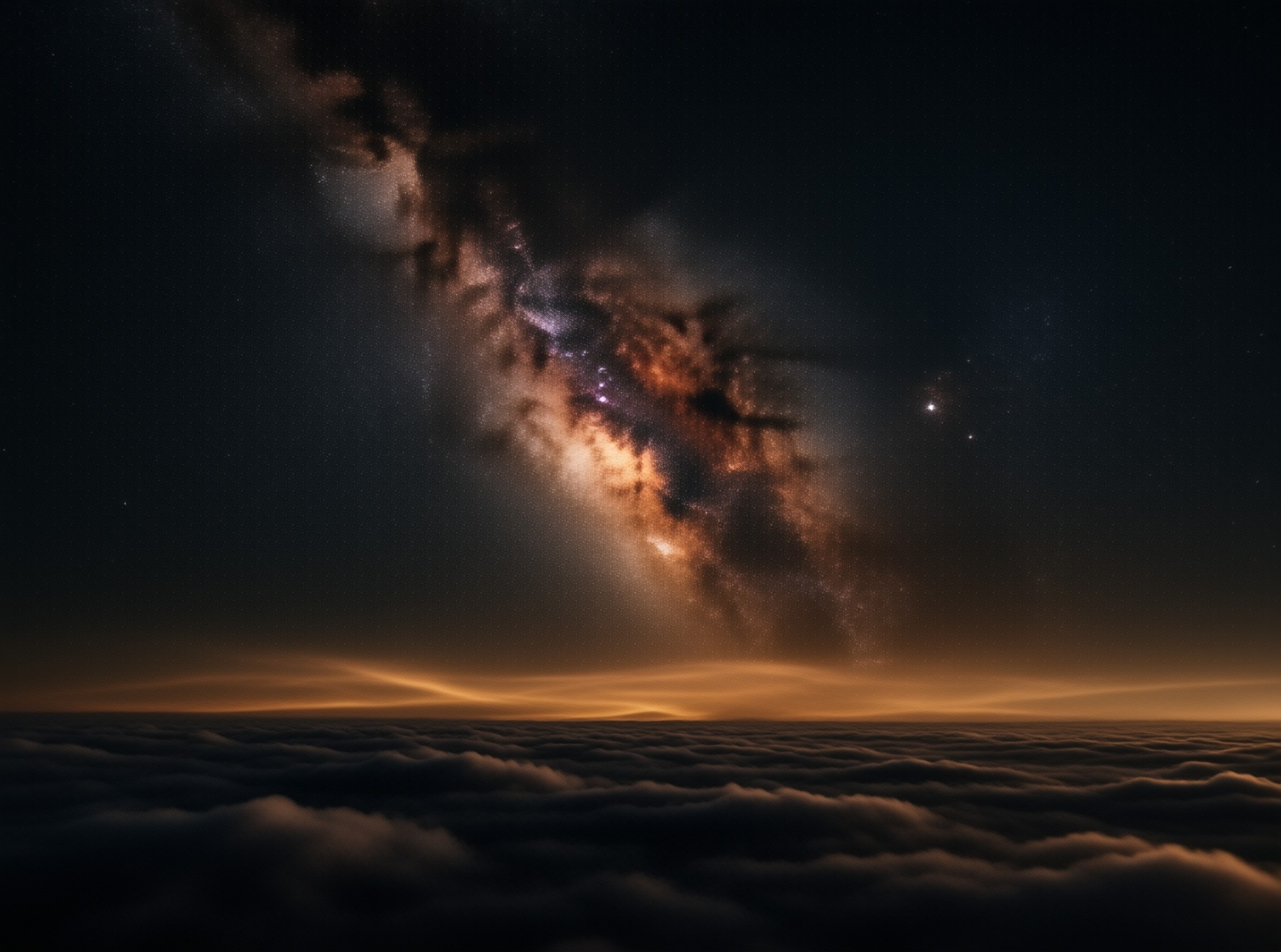 Starry cosmic dust lanes arch across the dark sky above a rolling sea of clouds touched by warm amber light.