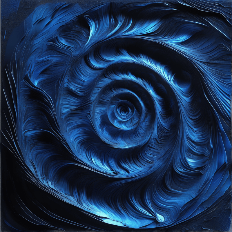 A mesmerizing vortex of deep blue liquid flows inward toward a dark center with bright highlights along the edges.