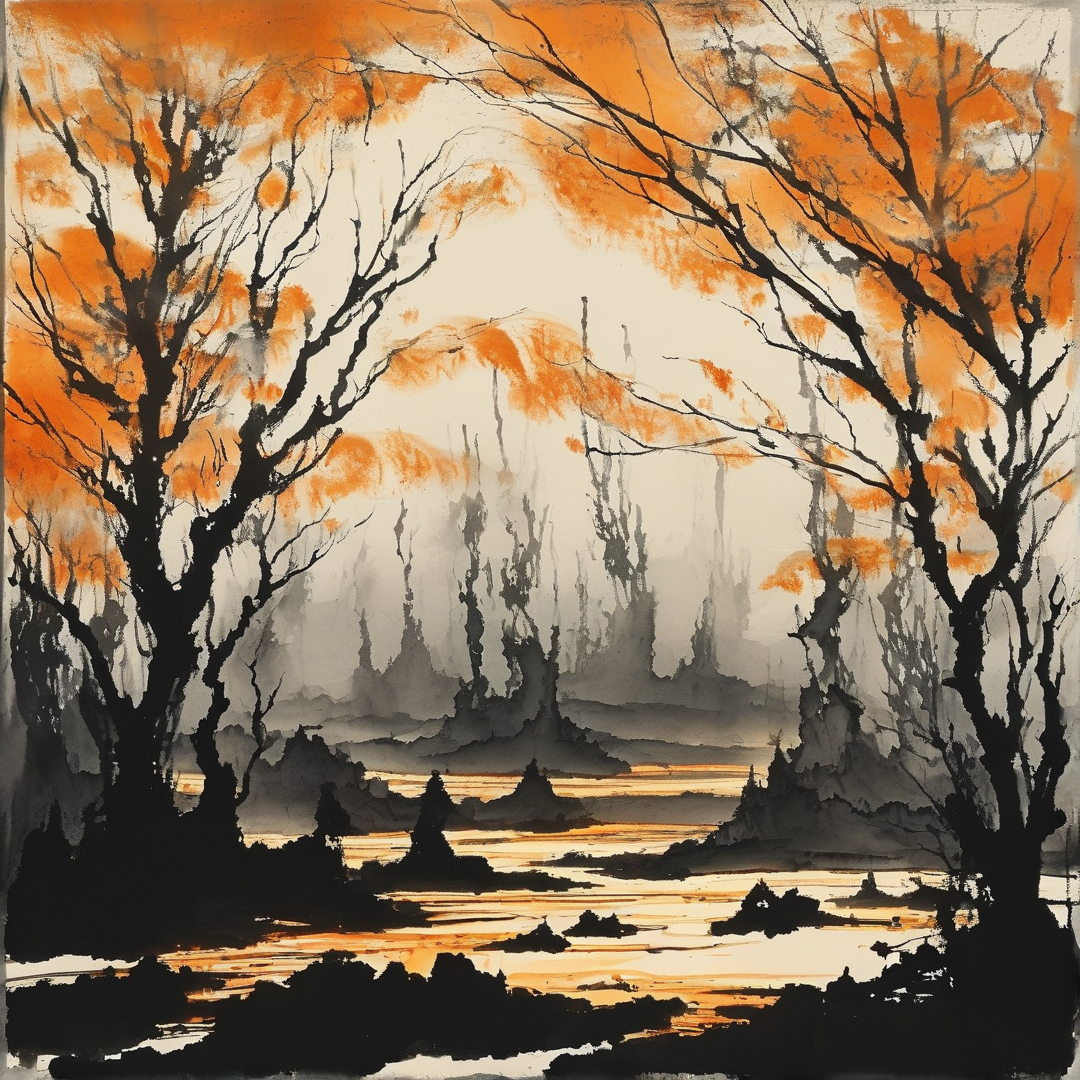 Dark trees with orange foliage frame a misty river landscape reflecting warm sunset light over distant water.