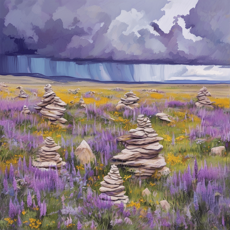 Stacked rock formations stand in a vibrant field of purple wildflowers beneath a dramatic sky with rain.