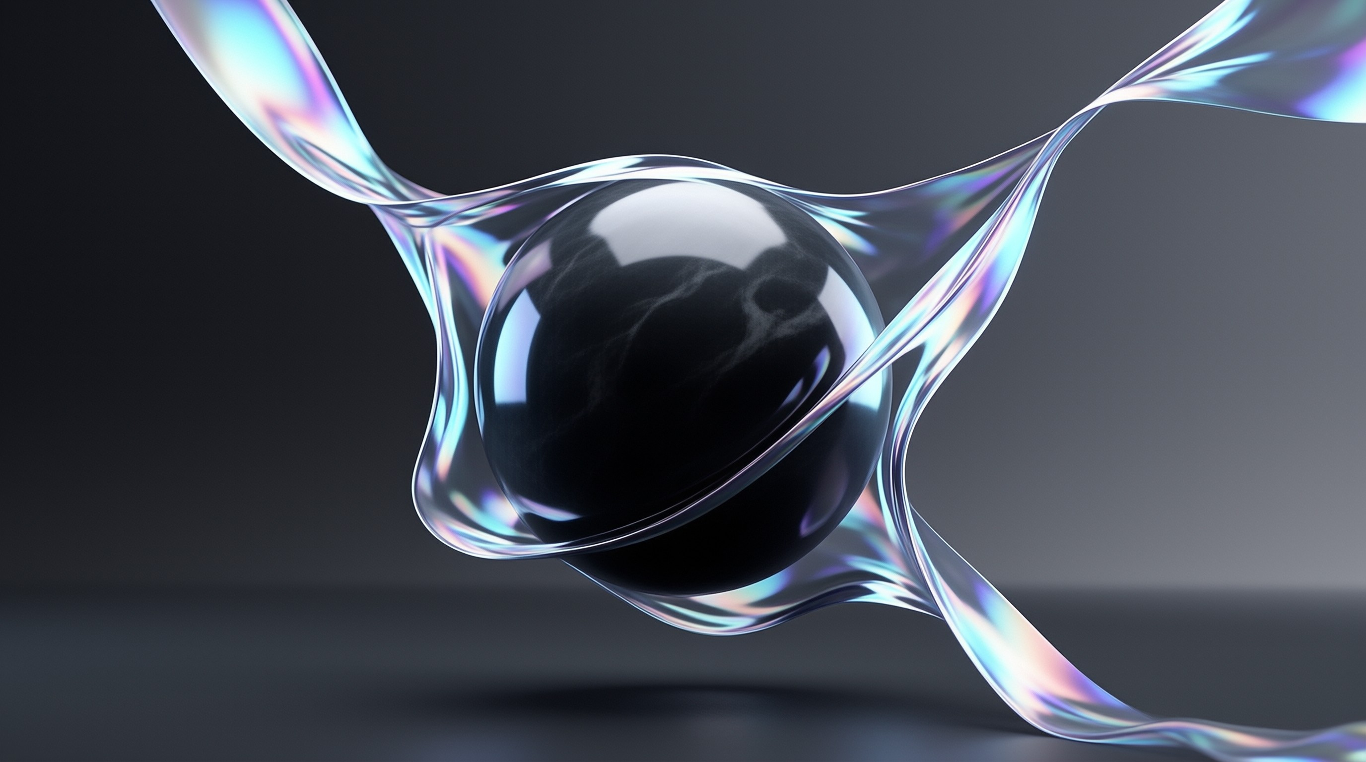 A dark orb sits centered while iridescent glassy tendrils curve around it against a deep gray gradient background.