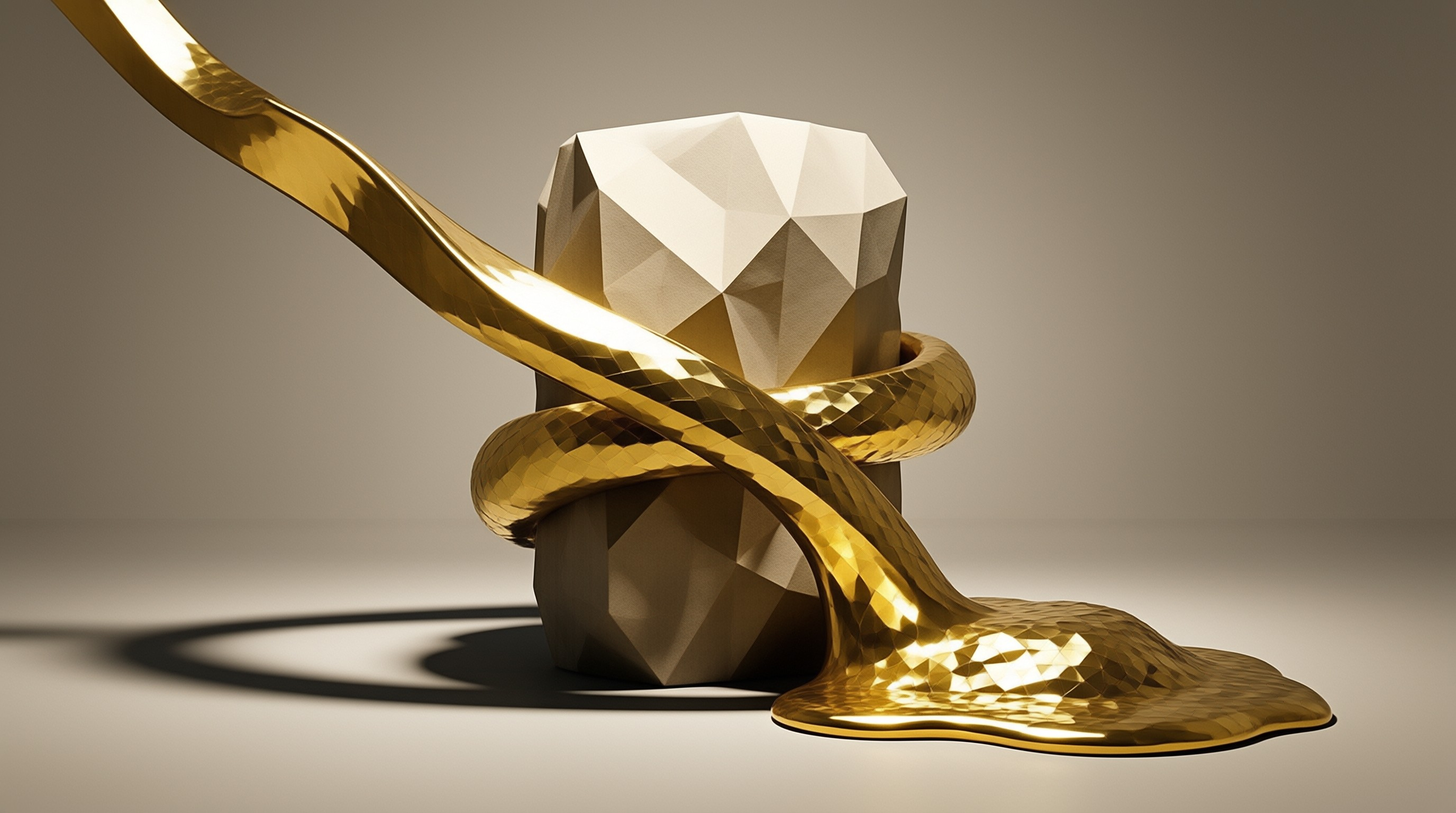 A faceted beige form is entwined by a glossy yellow stream against a plain gray background casting distinct shadows.
